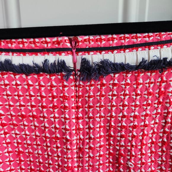 Womens Tory Burch Pink White Tweed Skirt Size 12 Navy Blue Fringe Zip Back - Picture 6 of 13